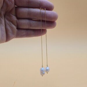 Gold Over Sterling Silver Genuine Pearl Long Chain Earrings A5631